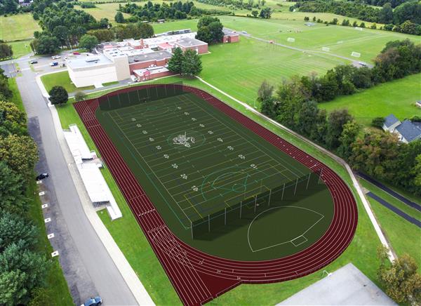 Photo of an architect's rendering of the proposed track and field showing Red Hook High School and additional fields on the right